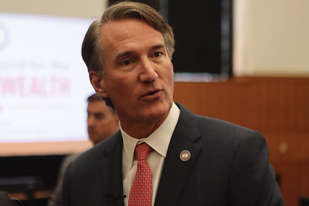 Gov. Glenn Youngkin speaking with reporters on April 8, 2024.
