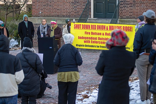 Anna Edwards, a member of the Virginia Defenders for Freedom, Justice & Equality,
speaks at a Jan. 8 rally at the Bell Tower on Capitol Square, calling for the shutdown of
Red Onion and Wallens Ridge state prisons and independent oversight of the Virginia
Department of Corrections.