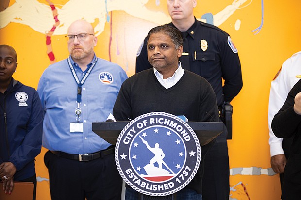 Mayor Danny Avula provides an update on the city’s water treatment plant restoration efforts at a news conference Jan. 8, alongside city officials.
