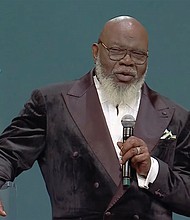 Bishop T.D. Jakes speaks during a New Year’s Eve service at The Potter’s House, Dec.
31, 2024, in Dallas.
