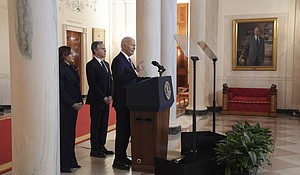 President Joe Biden, right, with Vice President Kamala Harris, left, and Secretary of State Antony Blinken, center, speaks in the Cross Hall of the White House on the announcement of a ceasefire deal in Gaza.
Mandatory Credit:	Evan Vucci/AP via CNN Newsource