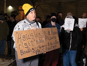 Activist Portnoy Johnson shares concerns about the city’s housing issues to a crowd
outside City Hall on Jan. 13, ahead of Monday’s City Council meeting.