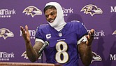 Baltimore Ravens quarterback Lamar Jackson talks to reporters following an NFL wild card playoff football game Saturday, Jan. 11, against the Pittsburgh Steelers in Baltimore.