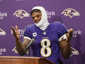 Baltimore Ravens quarterback Lamar Jackson talks to reporters following an NFL wild card playoff football game Saturday, Jan. 11, against the Pittsburgh Steelers in Baltimore.