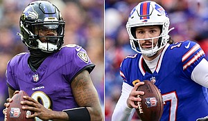 Baltimore's Lamar Jackson and Buffalo's Josh Allen are pictured in a split image ahead of their impending divisional round matchup.
Mandatory Credit:	Getty Images via CNN Newsource