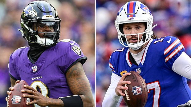 Baltimore's Lamar Jackson and Buffalo's Josh Allen are pictured in a split image ahead of their impending divisional round matchup.
Mandatory Credit:	Getty Images via CNN Newsource