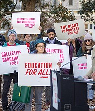 Virginia Commonwealth University Associate Professor Mark Wood speaks during the United Campus Workers of Virginia rally Jan. 17 at the Capitol Square Bell Tower in Richmond, advocating for collective bargaining rights and reduced financial burdens for campus workers.