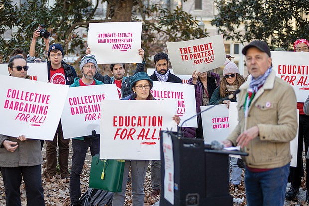 Virginia Commonwealth University Associate Professor Mark Wood speaks during the United Campus Workers of Virginia rally Jan. 17 at the Capitol Square Bell Tower in Richmond, advocating for collective bargaining rights and reduced financial burdens for campus workers.