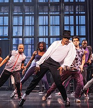 Actor Jordan Markus, center, plays Micheal Jackson in the national tour cast of the musical “MJ.”