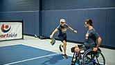 Suellen Henneberry plays pickle ball, showcasing her commitment to adaptive sports
and her inspiring journey after a leg amputation.