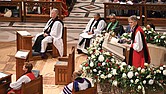 The Right Rev. Mariann Budde, right, the Episcopal bishop of Washington, preaches Jan. 21 during the national prayer service at the Washington National Cathedral.