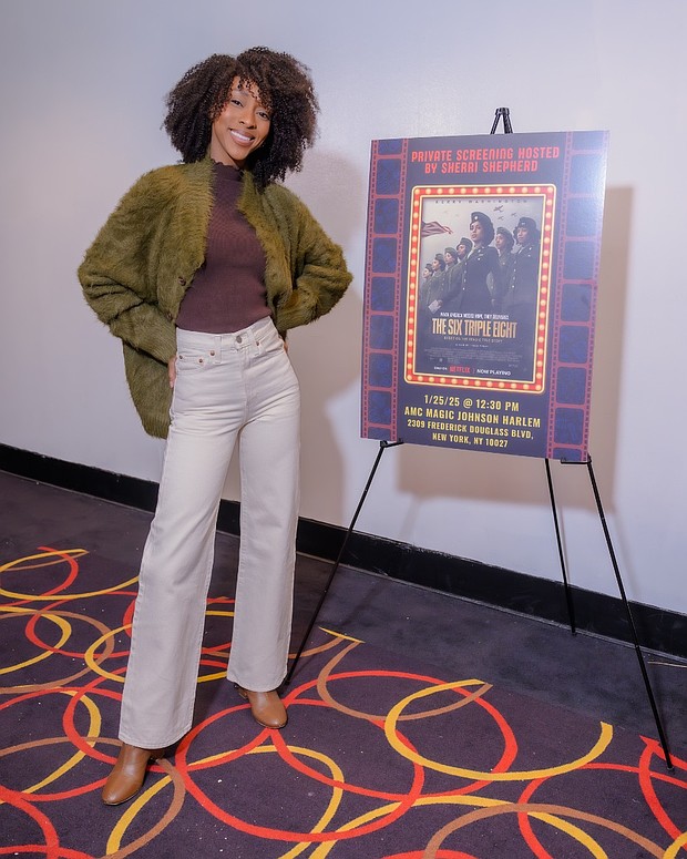 Actress Ebony Obsidian, who co-stars in the film The Six Triple Eight, makes a surprise appearance at the screening, hosted by Sherri Shepherd at AMC Magic Johnson Harlem