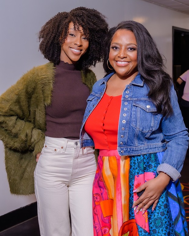 Ebony Obsidian and Sherri Shepherd pose for photos at the screening of The  Six Triple Eight at AMC Magic Johnson Harlem