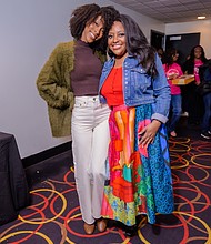 Ebony Obsidian and Sherri Shepherd pose for photos at the screening of The Six Triple Eight at AMC Magic Johnson Harlem