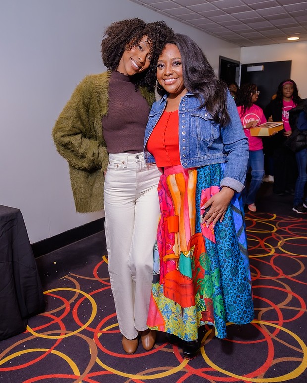 Ebony Obsidian and Sherri Shepherd pose for photos at the screening of The Six Triple Eight at AMC Magic Johnson Harlem