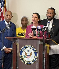 Julia Orduna, Southeast Texas Regional Director at Texas Housers, alongside Congressman Al Green and Congressman Sylvester Turner (TX-18), stand with Texas Housers and community leaders, to address the racial discrimination in the Texas General Land Office’s (GLO) handling of Hurricane Harvey recovery funds.
