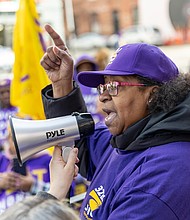 A worker shares her experience working for companies like Nu-Tech. About 150 union workers picketed Jan. 28, outside the Nu-Tech Janitorial Services building.