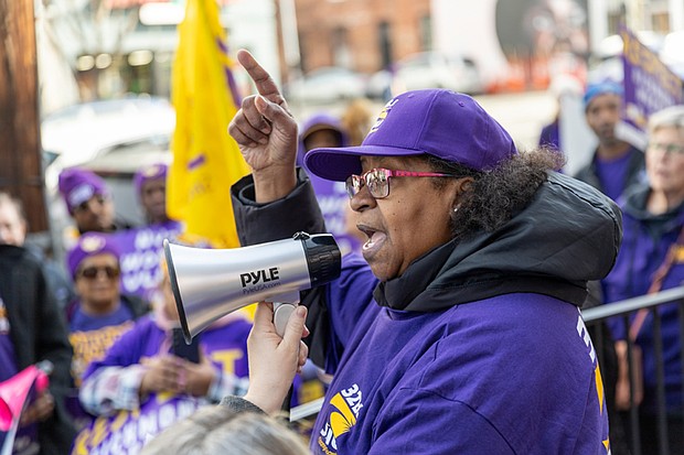 A worker shares her experience working for companies like Nu-Tech. About 150 union workers picketed Jan. 28, outside the Nu-Tech Janitorial Services building.