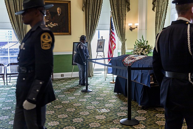 The changing of the guard took place in the Old Senate Chamber at the Virginia Capitol as Sen. Henry L. Marsh III lay in state on Jan. 30. He died on Jan. 23, 2025, at age 91.