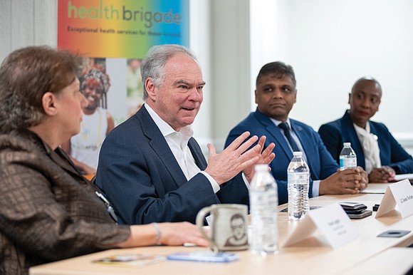 Sen. Tim Kaine, D-Va., met with community leaders Monday morning at Health Brigade, formerly Fan Free Clinic, for a roundtable …