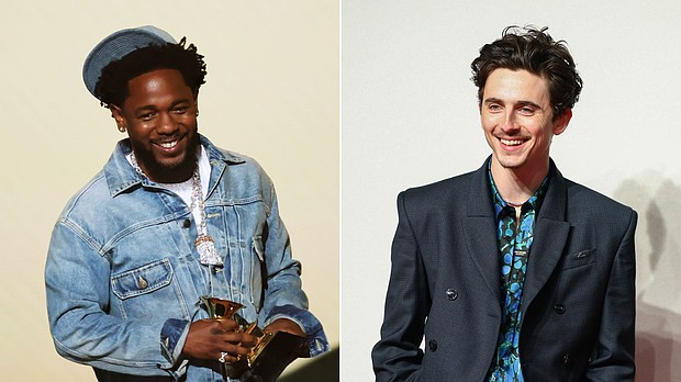 Kendrick Lamar and Timothée Chalamet are seen in a black-and-white video, taking a ride together and chatting. The rapper drives, while he and the actor discuss their creativity.
Mandatory Credit:	Kevin Winter/Tim P. Whitby/Getty Images via CNN Newsource