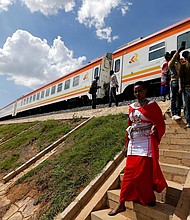 A train on the Standard Gauge Railway line constructed by the China Road and Bridge Corporation and financed by Chinese government in Kimuka, Kenya, in 2019.
Mandatory Credit:	Thomas Mukoya/Reuters via CNN Newsource
Dateline:	Not available