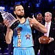 Golden State Warriors guard Stephen Curry poses with the 2025 KIA Kobe Bryant MVP trophy after leading Shaq's OGs to a win during the 74th NBA All-Star Game.
Mandatory Credit:	Ezra Shaw/Getty Images via CNN Newsource