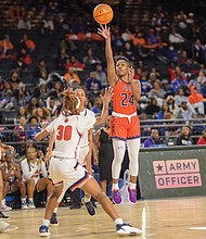 Virginia State University’s Alexa Blake shoots, scores in a game against Lincoln University in last year’s tournament.