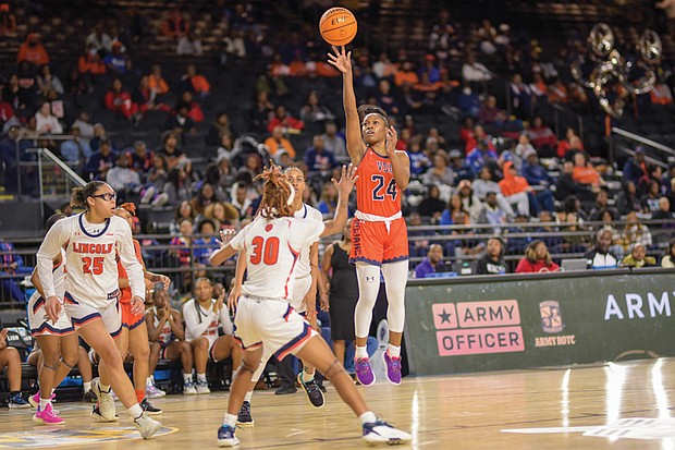 Virginia State University’s Alexa Blake shoots, scores in a game against Lincoln University in last year’s tournament.