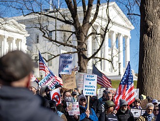 Hundreds of demonstrators gathered at the Bell Tower in Capitol Square on Presidents Day, Feb. 17, as part of the nationwide movement “50 Protests, 50 States, 1 Day,” opposing the policies of President Trump’s administration.