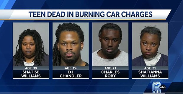 Charles Edward Roby, 21, is charged with first-degree reckless homicide, mutilating a corpse, and weapons charges. DJ Jamyele Chandler, 24, Shatianna Williams, 21, and Shatise Williams, 39, face charges related to harboring a felon and assisting in the crime's cover-up.
Mandatory Credit:	WISN via CNN Newsource