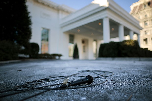 A television microphone lies on the ground outside the White House West Wing on January 29 in Washington, DC.  The White House is stripping the White House Correspondents’ Association of its role in managing the White House Press Pool.
Mandatory Credit:	Chip Somodevilla/Getty Images via CNN Newsource