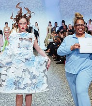 HCC Fashion Design student Kuteka Hill poses with the model wearing her garment Dragon Sky. Hill earned first place in the Sustainability & Unconventional category and Best of Show during the Fashion Fusion runway show hosted by the Museum of Fine Arts, Houston, held Jan. 30, 2025. HCC Courtesy Photo.