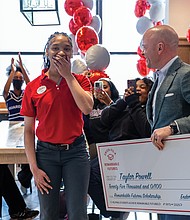 Taylor Powell, 16, a Rise Academy student and Chick-fil-A employee, was surprised with a $25,000 scholarship from Chick-fil-A. CEO Andrew T. Cathy on Feb. 26. Powell is one of 13 recipients nationwide to receive the award through the Chick-fil-A Remarkable Futures Scholarships program.
