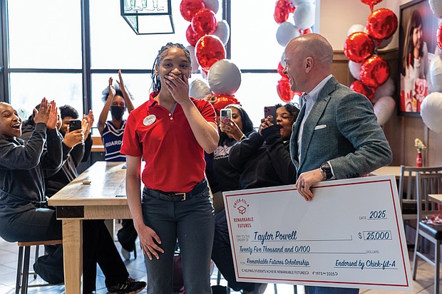 Taylor Powell, 16, a Rise Academy student and Chick-fil-A employee, was surprised with a $25,000 scholarship from Chick-fil-A. CEO Andrew T. Cathy on Feb. 26. Powell is one of 13 recipients nationwide to receive the award through the Chick-fil-A Remarkable Futures Scholarships program.