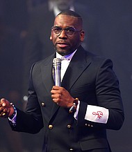 Pastor Jamal Bryant speaks during New Birth Missionary Baptist Church ‘The Return’ Good Friday Service at New Birth Missionary Baptist Church on April 15, 2022, in Stonecrest, Georgia.
Mandatory Credit:	Paras Griffin/Getty Images via CNN Newsource
