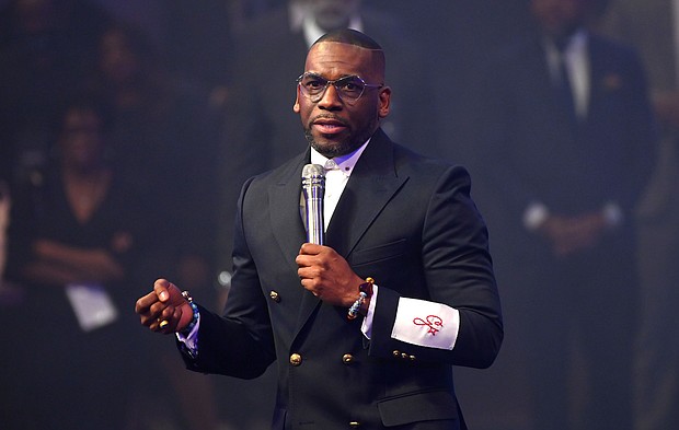 Pastor Jamal Bryant speaks during New Birth Missionary Baptist Church ‘The Return’ Good Friday Service at New Birth Missionary Baptist Church on April 15, 2022, in Stonecrest, Georgia.
Mandatory Credit:	Paras Griffin/Getty Images via CNN Newsource