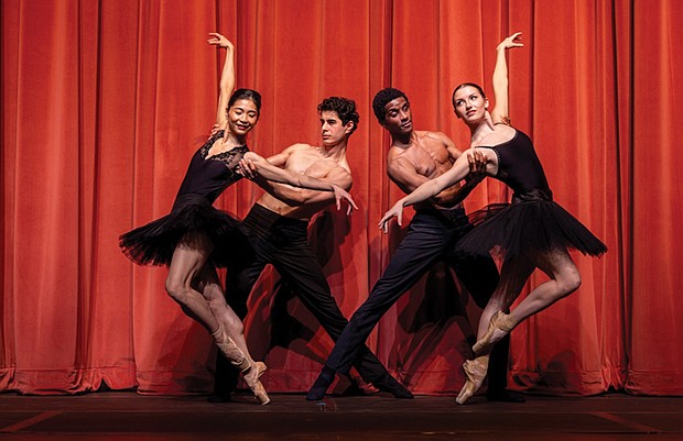 Richmond Ballet dancers Eri Nishihara, Khaiyom Khojaev, Zacchaeus Page and Mikell
Graf perform on stage at the Leslie Cheek Theater at VMFA.