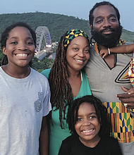 Ahkbar (12), Indee, Selasi-Mawu (7), Alkabulan Kudjo and Vivi Sefofo (2) at Bridgeview Hotel, overlooking the Adomi Bridge in Atimpoku, Eastern Region, Ghana.