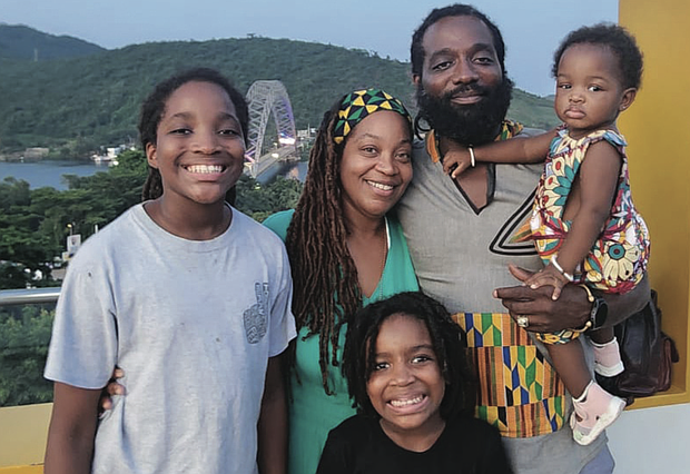 Ahkbar (12), Indee, Selasi-Mawu (7), Alkabulan Kudjo and Vivi Sefofo (2) at Bridgeview Hotel, overlooking the Adomi Bridge in Atimpoku, Eastern Region, Ghana.