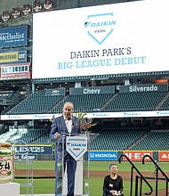 Daikin Big League Debut 2: Jim Crane, Owner and Chairman of the Houston Astros, welcomes attendees to Daikin Park (Paul Ladd)