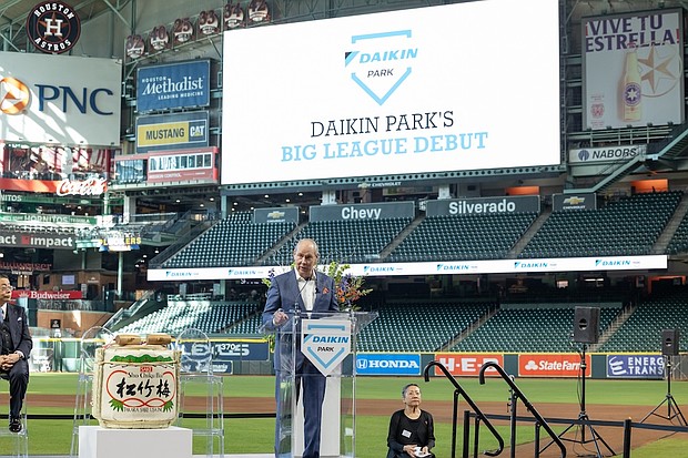 Daikin Big League Debut 2: Jim Crane, Owner and Chairman of the Houston Astros, welcomes attendees to Daikin Park (Paul Ladd)