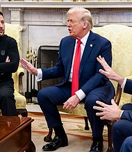 Volodymyr Zelensky, Ukraine's president, from left, US President Donald Trump, and Vice President JD Vance speak to each other during a meeting in the Oval Office of the White House in Washington, DC, February 28.
Mandatory Credit:	Jim Lo Scalzo/EPA/Bloomberg via Getty Images via CNN Newsource