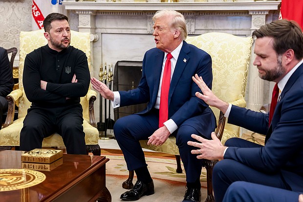 Volodymyr Zelensky, Ukraine's president, from left, US President Donald Trump, and Vice President JD Vance speak to each other during a meeting in the Oval Office of the White House in Washington, DC, February 28.
Mandatory Credit:	Jim Lo Scalzo/EPA/Bloomberg via Getty Images via CNN Newsource