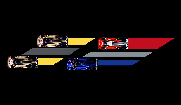 Overhead view of the four Cadillac V-Series.R racecars to compete at the 2025 24 Hours of Le Mans