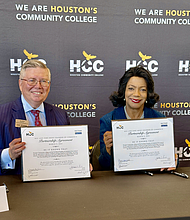 Jim Rice, Fort Bend Chamber of Commerce Chairman and Margaret Ford Fisher, HCC Chancello