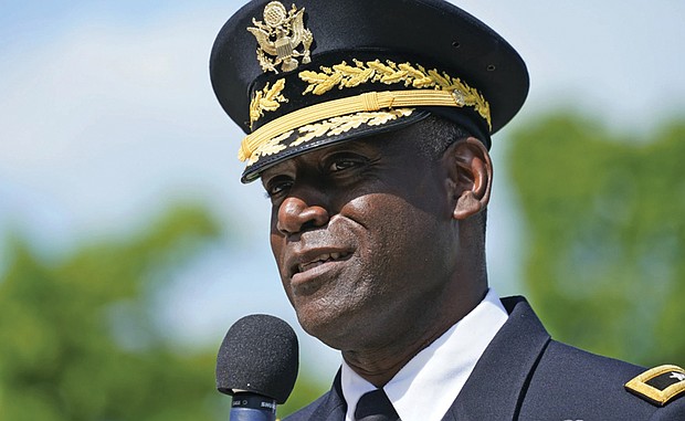 Virginia Military Institute Superintendent, Cedric T. Wins, addresses the class of 2021 during a ceremony at the school in Lexington, Friday, May 14, 2021.