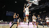 Virginia State’s Jacob Cooper makes a layup during the 2025 CIAA Men’s Basketball Tournament Championship game, helping lead the Trojans to a 71-64 victory over Bluefield State.