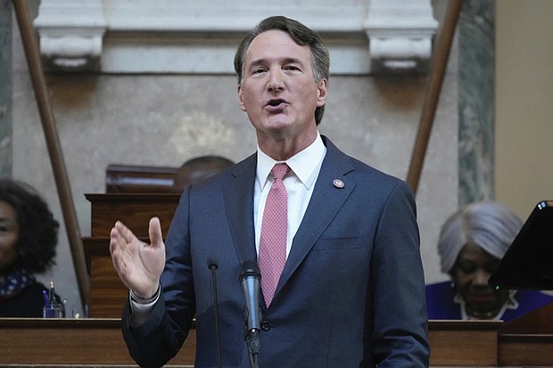 Gov. Glenn Youngkin gestures as he delivers his annual State of the Commonwealth address Jan. 13 before the General Assembly at the State Capitol.