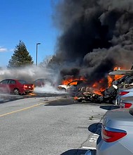 A still from a video shows the fiery aftermath of a small plane crash that occurred near a retirement village in Lititz, Pennsylvania, on Sunday, March 9.
Mandatory Credit:	Brian Pipkin via CNN Newsource